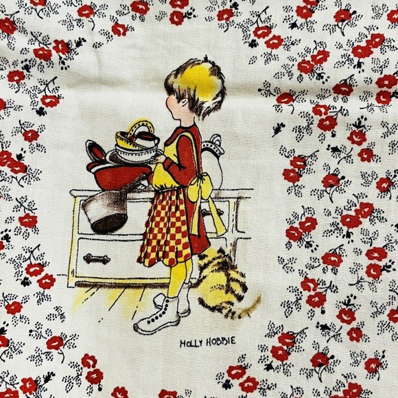 Vtg Homemade Holly Hobbie Throw Blanket Red Floral Fabric Fleece Back Tie Quilt - Picture 5 of 11